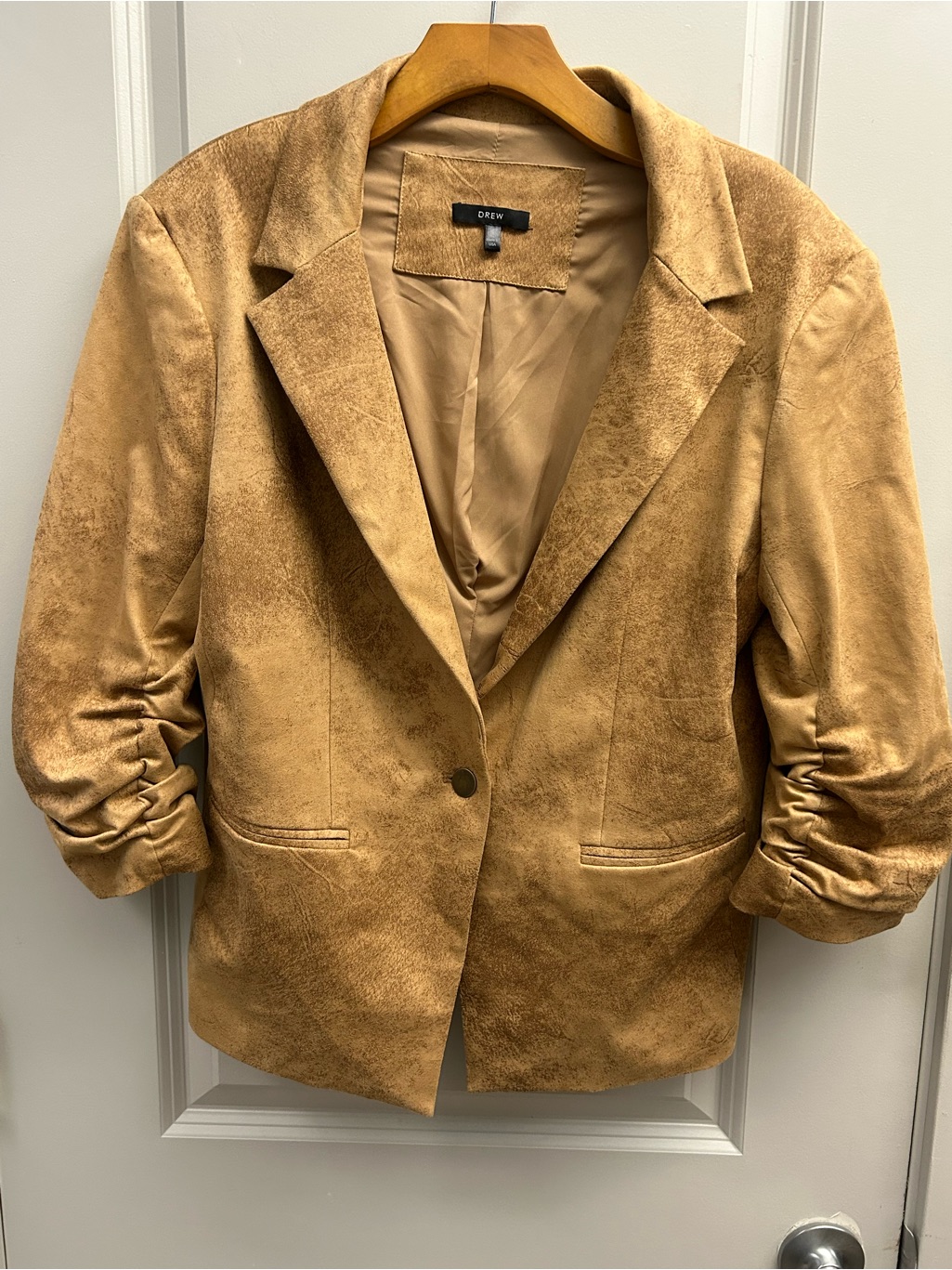 Drew Light Camel Brown Foil Faux Suede Scrunch Sleeve Blazer Size L